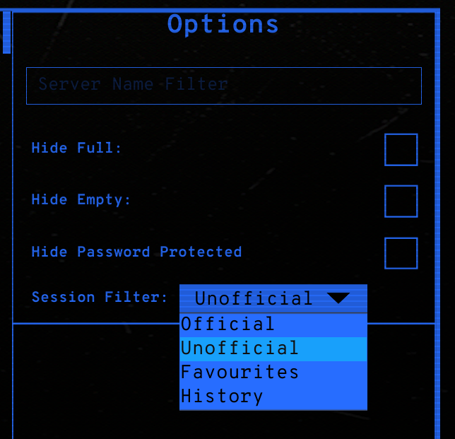 Evrima server browser with the Unofficial session filter selected